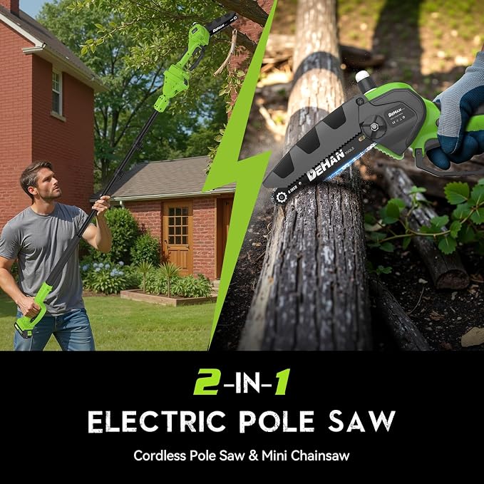 2 IN 1 Electric Pole Saw Brushless 21V Battery Chainsaw Cordless with Rotatable Pole 15FT Max Reach, Shoulder Strap, Battery Powered Chain Saw for Tree Trimming and Wood Cutting Tool -- Green