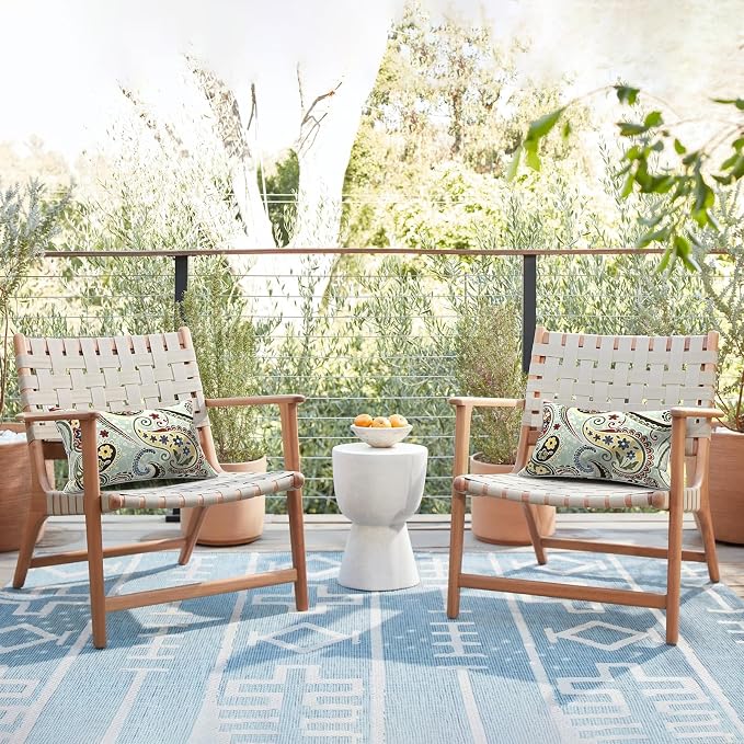 LVTXIII 2 Pack Outdoor Lumbar Pillows 12x20 Inch with White Piping, Fade Resistant Support Throw Pillows with Inserts for Patio Furniture, Sofa, Chair, Paisley Light Cyan