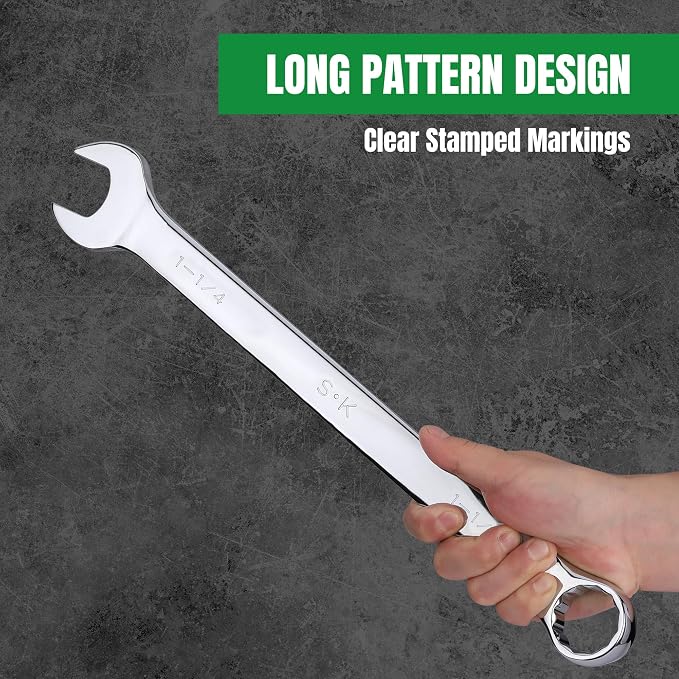 SK Long Pattern Combination Wrench Set, SAE 15/16" to 1-1/4", 5-Piece | SuperKrome Finish, Drop Forged Premium CR-V Steel, 12-Point Large Wrenches, 15-Degree Offset, with Rolling Pouch
