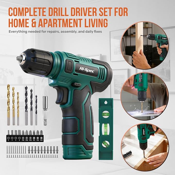 Hi-Spec 8V USB Power Drill Driver Screw Drill Bit Set. Cordless & Rechargeable Electric Drill Driver with Wall Hanging Kit,Green