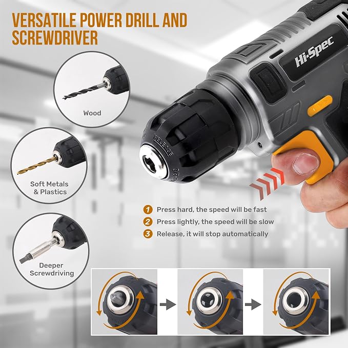 Hi-Spec 8V USB Power Drill Driver Screw Drill Bit Set. Cordless & Rechargeable Electric Drill Driver with Wall Hanging Kit,Gray
