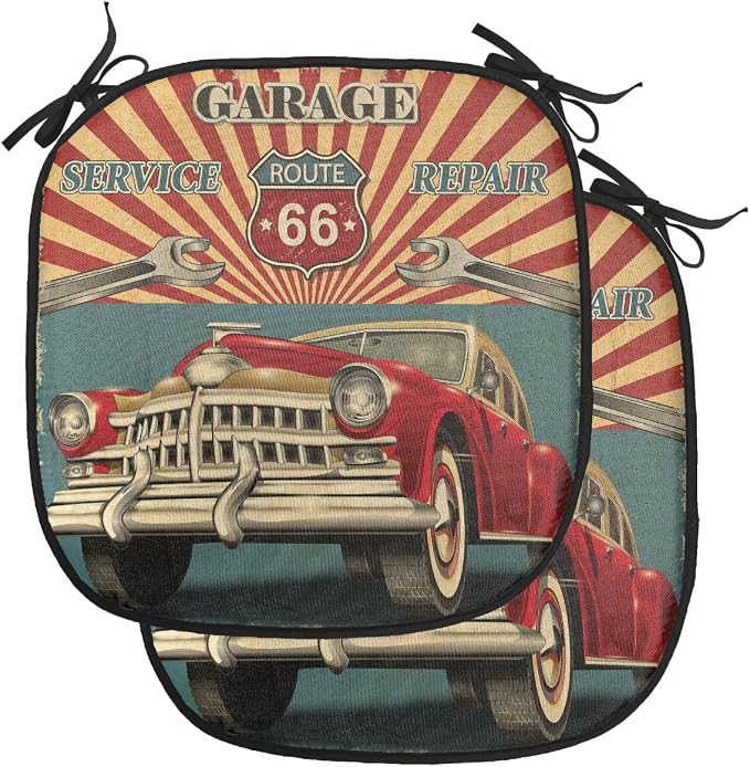 Lunarable Americana Chair Cushion Pads Set of 2, Vintage Garage Artwork with a Nostalgic Car Illustration Retro Vibes Route 66 Print, Anti-Slip Seat Padding for Kitchen & Patio, 16"x16", Teal