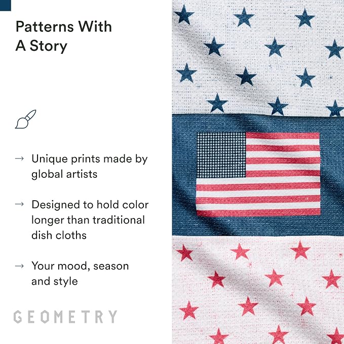 GEOMETRY Dishcloth – Patriotic Collection – Quick-Dry, Ultra-Absorbent, Reusable Microfiber Kitchen Towels for Drying & Cleaning - Old Glory - 3-Pieces