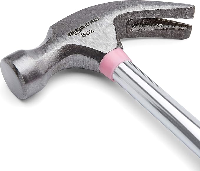 Amazon Basics 8 oz Claw Hammer with Shock Reduction, No-Slip Rubber Grip, Pink