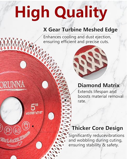 ZORUNNA 5Pcs Diamond Saw Blades, 5" Tile Grinder Cutting Blade for Angle Grinder Tile, Super Thin Indestructible Disc for Grinder for Cutting Porcelain Ceramic Granite Marble Quartz