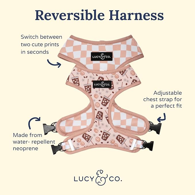 Lucy & Co. Reversible Dog Harness - Water-Repellent Neoprene, Dual-Print Design, Easy Swap Style, Adjustable Comfort Fit - Iced Coffee SZN Reversible Harness - X-Large