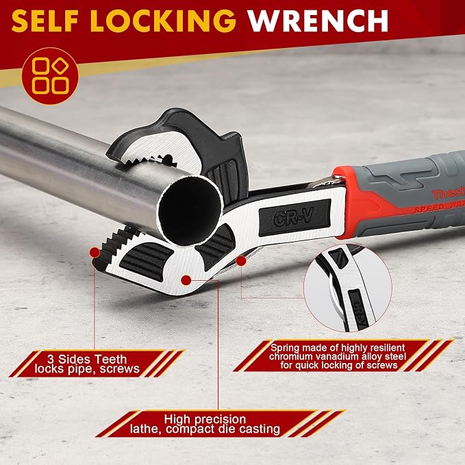 Multifunctional Self locking Wrench, Self Adjusting Pipe Wrench, 8 Inch Plumbers Wrench for (9-25mm) 3/8”-1”Nuts, Irregular Nuts, Pipes Use, Chrome Vanadium Alloy Steel (8 In)