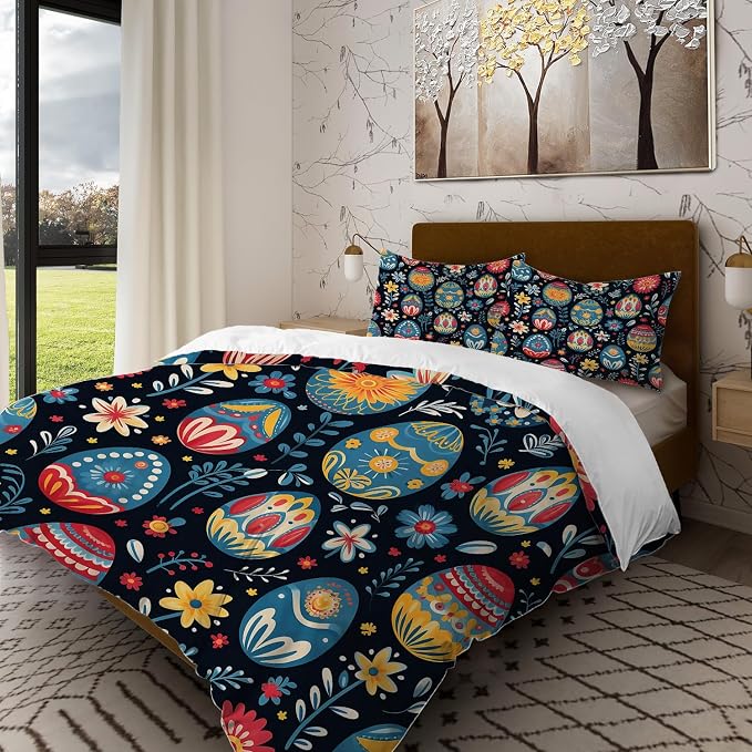 Batmerry Easter Eggs Flowers Queen Size 100% Cotton Duvet Cover Sets, Decorative with Colorful Eggs Blooms Bedding Set with Zipper Closure Corner Ties, 3 Pieces (1 Cover + 2 Pillowcases No Comforter)