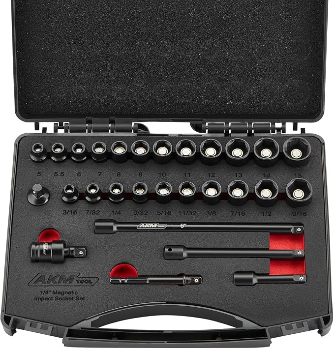 1/4 Inch Drive Magnetic Impact Socket Set, 28-Piece SAE/Metric, 1/4 Inch-9/16 Inch, 5mm-15mm, 6 Point, Cr-Mo, Square Drive, with Impact Socket Adapter, Universal Joint & Extension