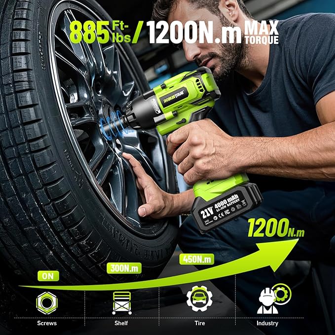 Robustrue Cordless Impact Wrench, 885Ft-lbs (1200N.m) 1/2" Brushless Impact Gun, 21V High Torque Power Impact Driver, 2x4.0Ah Batteries Electric Impact Motor Variable Speeds for Car/Truck RV/Mower