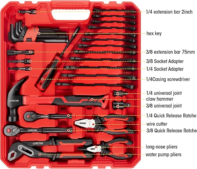 LLNDEI 151Pcs Ratchet Wrench Tool Set 1/4" 3/8" Drive Sockets Set | SAE and Metric 6 Point Sockets Set, Mechanic Tool Kit with Bits, Combination Wrench universal joint adapter.