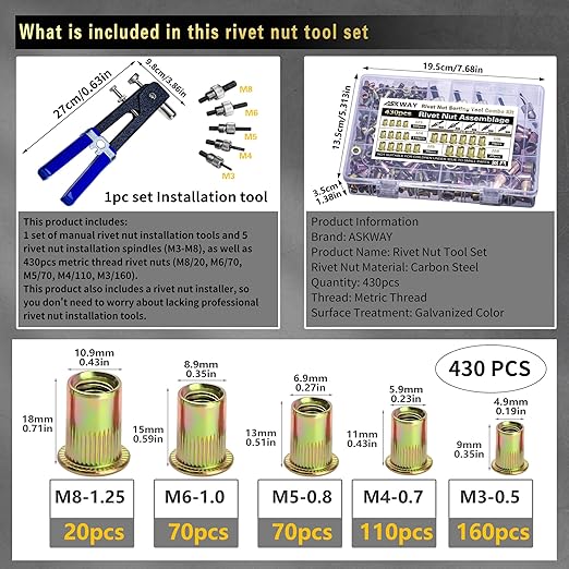 Pressure Rivet Nut Tool Kit, 430Pcs Metric Rivet Nut Combination (M8/M6/M5/M4/M3), Suitable for Furniture, Decoration, Automotive, Marine and Industrial Applications