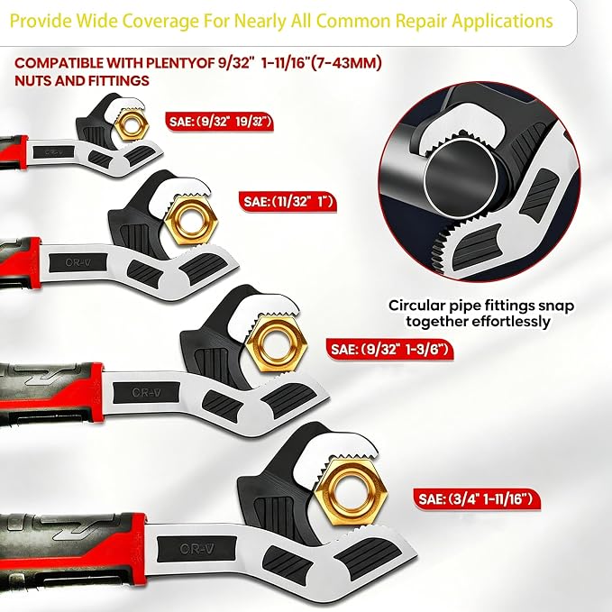 Self Adjusting Pipe Wrench, 6” 8” 10” 12" Pipe Wrench Set, Plumbers Wrench with Self Tightening Function for 9/32" to 1-11/16" (7-43mm) Pipe Fittings, Standard Nuts and Irregular Nut