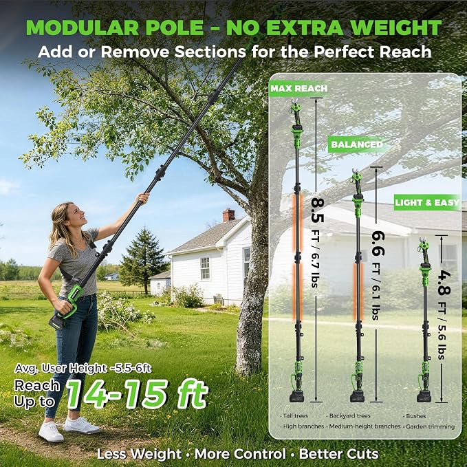 2-in-1 Electric Pruning Shears Cordless with Extension Pole, Cordless Pole Pruner, 1.6" Cut, SK7 Blade, 2x4.0Ah Batteries, Brushless Motor, LCD, Battery Powered Tree Pruner