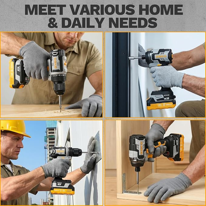 Cordless Drill & Impact Driver: DEKOPRO 20V Brushless Power Drill and 20V Brushless Impact Driver Set, Power Tool Set with 2x2.0Ah Batteries, Charger, Bag & 52xAccessories-Yellow