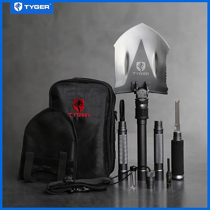 Tyger Auto Folding Shovel TG-SV8U3217 Military Heavy Duty Survival Shovel 16-in-1 Multitool Compact Camp Shovel with Bag for Camping, Hiking, Off-Roading, Outdoor, Tactical, Emergency