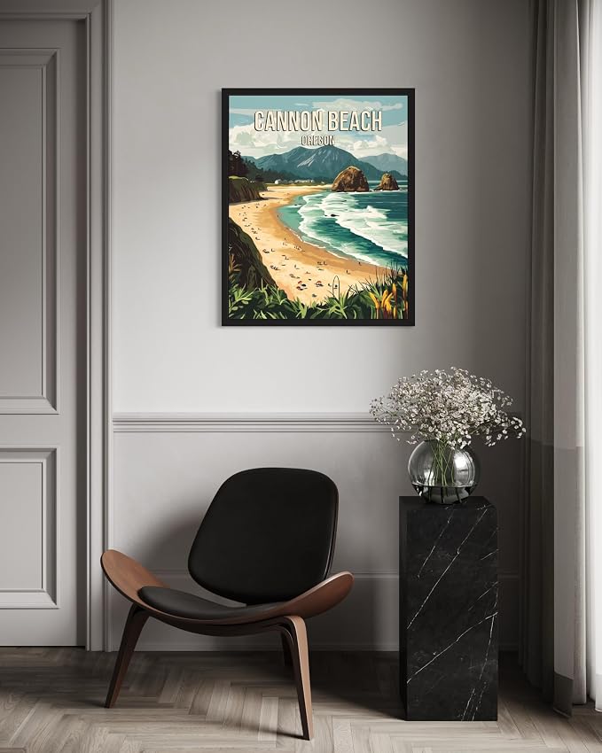 Cannon Beach Oregon Black Framed Wall Art Print Poster, US Vintage Retro Beach Scenery Posters Prints for Restroom Home Picture Painting Artwork Gallery 219 (Cannon Beach Oregon, 24"L x 18"W, Black Frame)