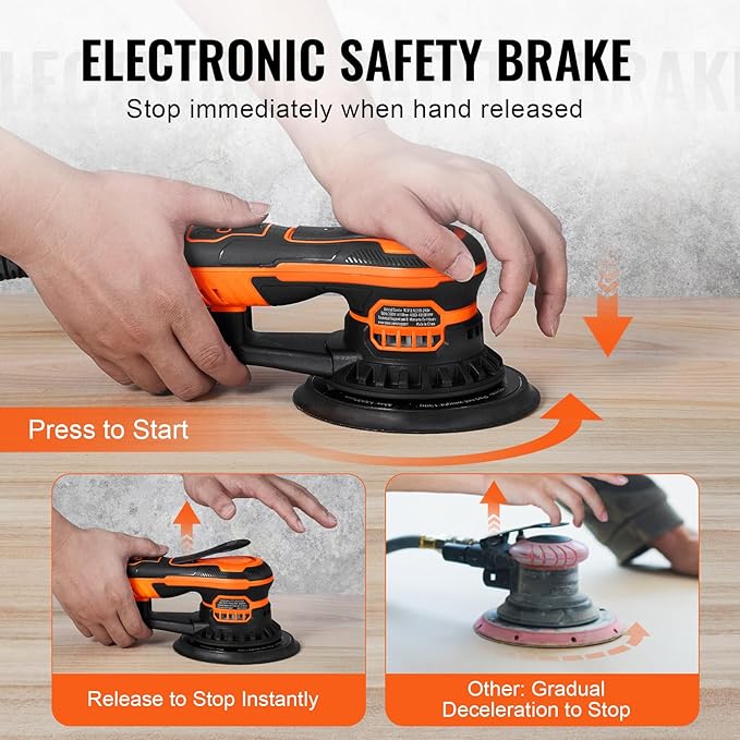 VEVOR Random Orbital Sander 6-Inch, 350W Brushless Orbital Sander, 10,000 PRM 6 Variable Speed Electric Palm Sander with 10PCS Sandpapers, Dust Connector & Hose for Woodworking Detailing Sanding