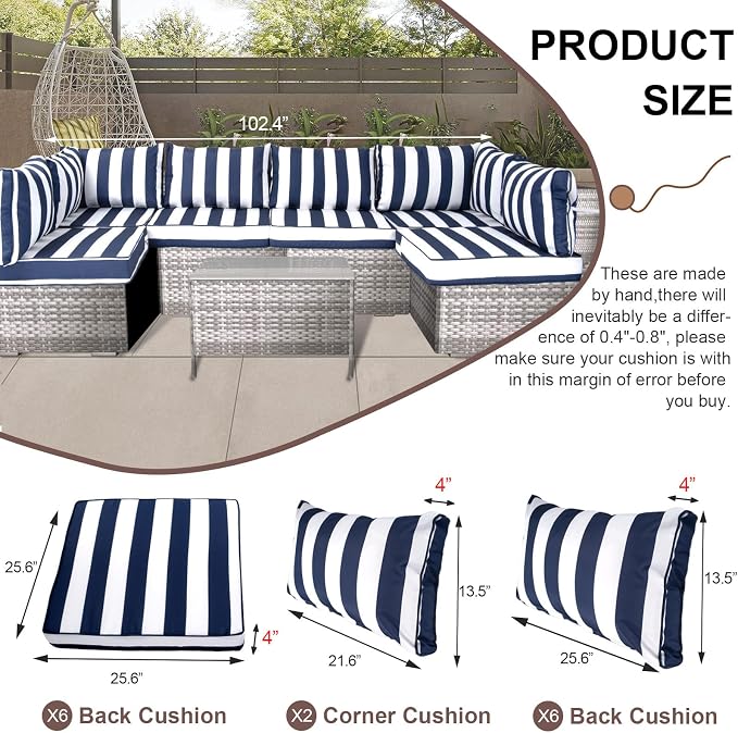 14 Piece Outdoor Furniture Replacement Cushions, Cover+Filling, 25.6" x 25.6" x 4" Foam Waterproof Outdoor Sofa Cushion Sets, Fit Wicker Rattan Sectional Conversation Set, Blue White Stripe