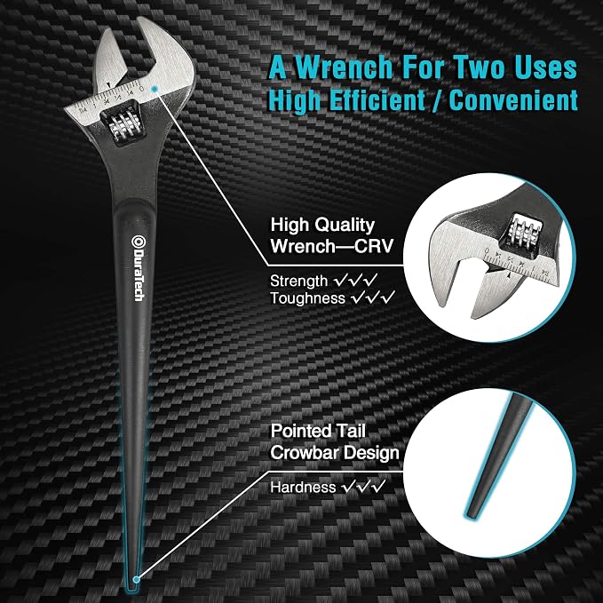 DURATECH 10-Inch Adjustable Construction Spud Wrench | Black Oxide Finish, CR-V Steel, SAE and Metric Scale Marked, Alignment Holes and Tail Crowbar Features