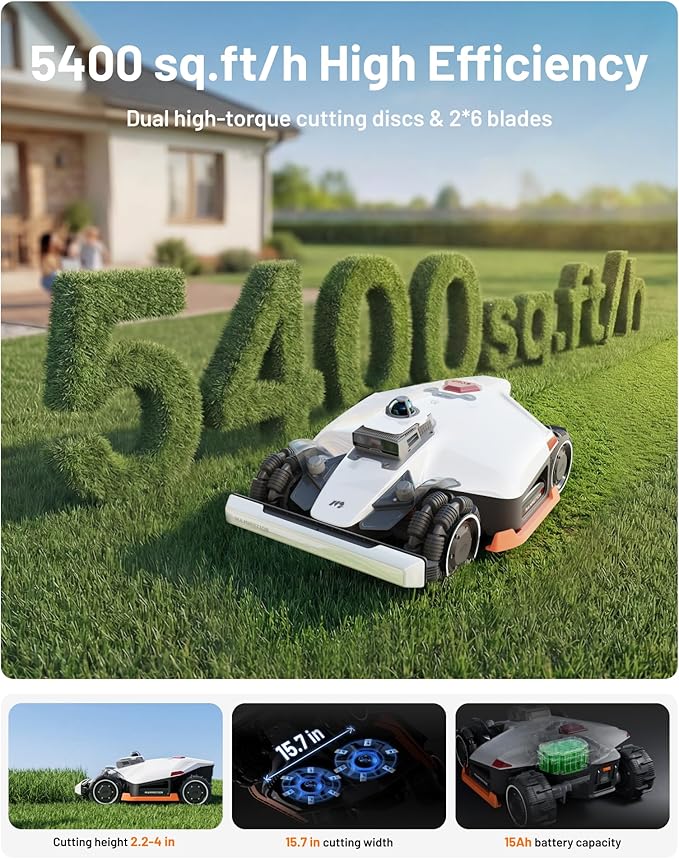 Mammotion LUBA 3 AWD 5000 Robot Lawn Mower, Perimeter Wire Free for 1.25 Acres, All-Wheel-Drive for 80% Slopes, 360° LiDAR+NetRTK+AI Vision, 50 Multi-Zone Management, Cutting Height 1.0"-2.7"