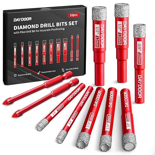 DAYDOOR Dry Diamond Drill Bits Set, 1/4" 5/16" 3/8" 1/2" Diamond Hole Saw Kit for Porcelain Tile Ceramic Glass Marble Granite, Tile Drill Bits with Cooling Wax, Round Shank (10-Piece)