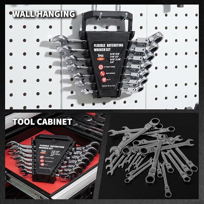 Garvee 7 Piece SAE Ratcheting Wrench Set Combination Ratcheting Wrench Set | 72-Tooth 5° Swing Arc 40Cr Steel, SAE 5/16" to 3/4" Coverage for Automotive Repair, Mechanical Maintenance & DIY Projects