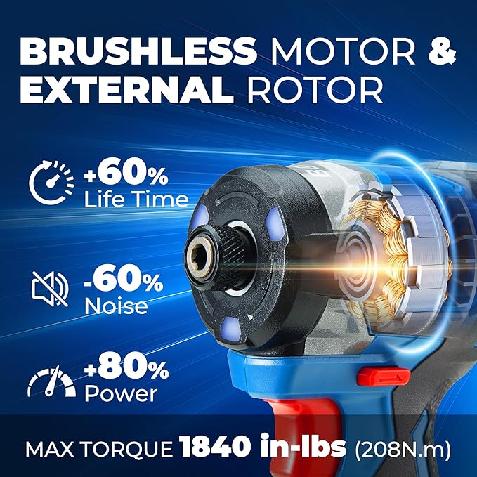 Dong Cheng 20V Brushless Impact Driver, 1840in-lbs Torque, with 2 x 2.0Ah Batteries, 3200RPM, 4300IPM, 1/4" Hex Chuck, 4 Work Modes for Home Improvement and DIY Projects
