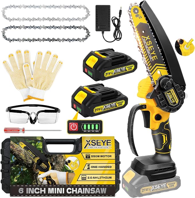 XSEYE Mini Chainsaw Cordless 6", Handheld Chain Saw with 2 Batteries&Auto Oil System, Electric Tool for Wood Cutting Tree, Men Dad Gifts for Fathers Day, Anniversary Birthday Gift Idea for Him Husband