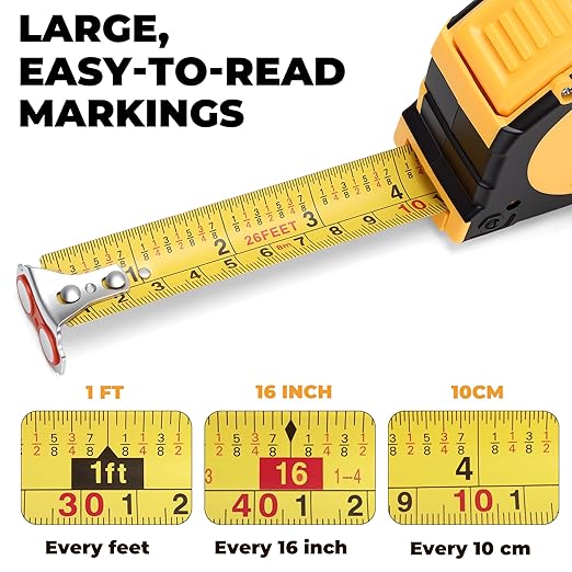 MulWark 26ft Metric Tape Measure, Double Secure Blade Lock Tape Measure Retractable with Stop Button, Both-Side Metal Blade, Magnetic Hook for Construction, Carpenter, Architect, Woodworking