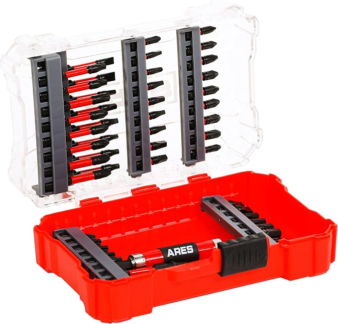 ARES 31022-52-Piece Torsion Power Bit Set with Sliding Bit Holder – Includes Standard and Reduced Philips, SAE Hex, Standard Torx, Slotted, Double-Ended Power, and Square
