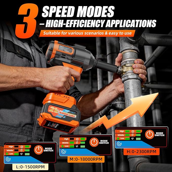 Protmex 1107Ft-lbs(1500N.m) Cordless Impact Wrench, 1/2" Brushless Impact Driver, High Torque Impact Gun with 21V 2x4.0Ah Battery, Power Motor Variable Speeds for Car/Mower/Pickup Truck