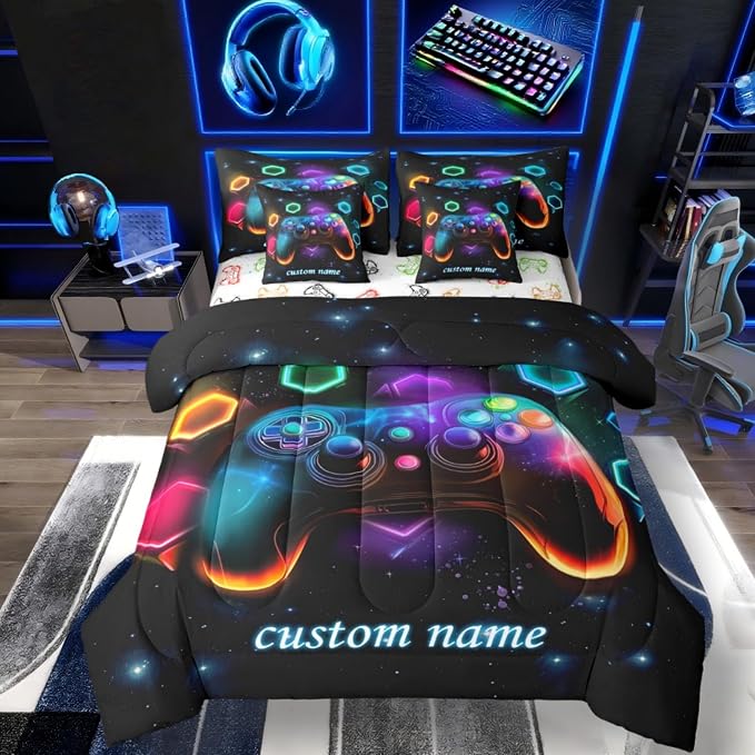 Custom Name Game Consoles Boys Comforter Sets Twin Bed in a Bag 7 Piece Gamer Gifts,Customized Gaming Twin Comforter Set for Boys Space Geometric Bedding Sets Red Blue Teal,Boy Bedroom Decor