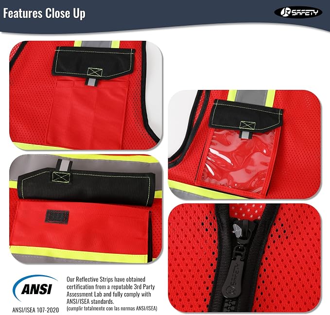 JKSafety Hi Vis Reflective Safety Vests for Men Women High Visibility Vest with Pockets Mesh Fabric Construction Safety Apparel Neon Vest for Work (220-Red XL)