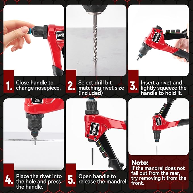 KOOPOOL Rivet Gun Kit, Adjustable Stroke Design Manual Pop Rivet Tool with 200 Rivets and 4 Drill Bits, 4 Tool-Free Rivet Heads, Heavy-Duty Hand Riveter with Sturdy Case for Metal, Plastic, Leather
