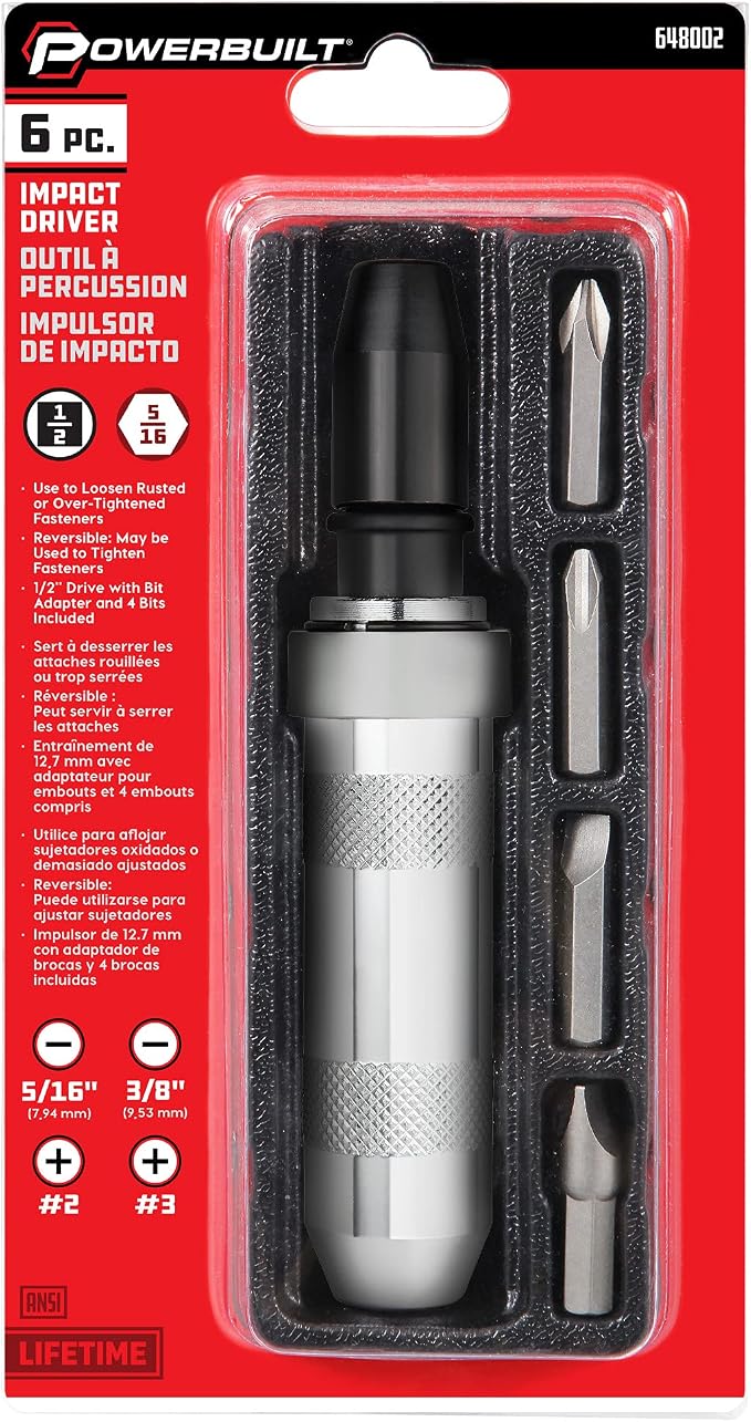 Powerbuilt 1/2 Inch Drive Impact Driver Set Extractor Tool, Slotted or Phillips Screwdriver Bits, Remove Rusted, Damaged Screws - 648002, Large