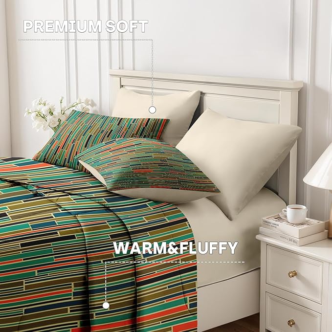 Nesker Comforter Set King Size, Mid Century Geometric Retro 7 Pcs Bedding for Kids and Adults, Stripe 50S Vintage Bed Sheet Sets with Fitted Sheet 2 Pillowcases & 2 Shams