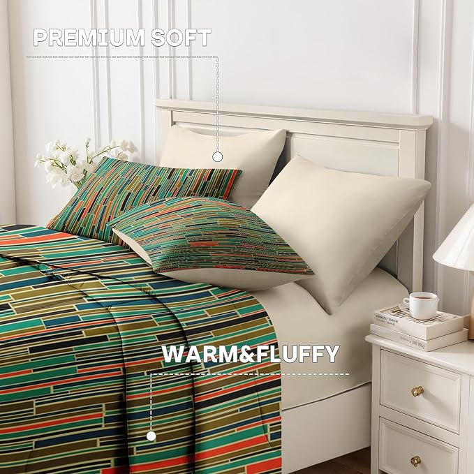 Nesker Comforter Set Full Size, Mid Century Geometric Retro 7 Pcs Bedding for Kids and Adults, 50S Vintage Bed Sheet Sets with Fitted Sheet 2 Pillowcases & 2 Shams