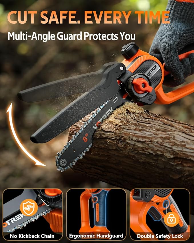 VOTREK® 8-Inch Mini Chainsaw Cordless, 3.0Ah Battery Powered Electric Chain Saw with 2 Chains, Brushless Motor, Auto Oiler, Tool-Free Tensioner for Tree Trimming and Yard Cleanup