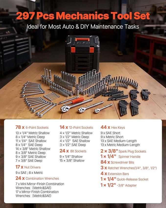 VEVOR Mechanics Tool Set, 297-Piece Mechanic Tool Kit, 1/4 in, 3/8 in, and 1/2 in Drive, SAE and Metric Socket Set, Wrenches, Screwdriver Bits, Accessories, and Storage Case, for Automotive Repair