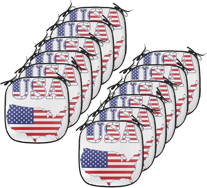Lunarable Americana Chair Cushion Pads Set 12, USA Map Flag Stars Stripes National History American Illustration, Anti-Slip Seat Padding for Kitchen & Patio, 16"x16", Red White Blue