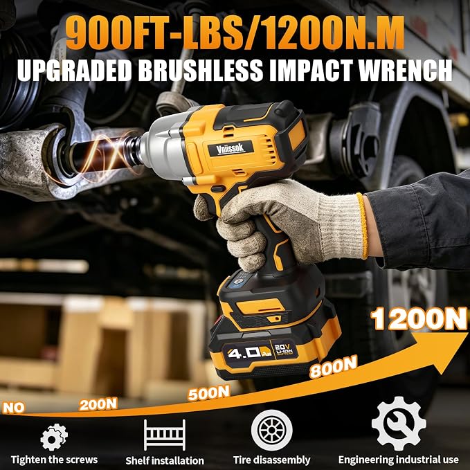 Cordless Impact Wrench, 900Ft-lbs (1200N.m) 1/2" Brushless Impact Gun with 2x 4.0Ah Battery, Fast Charger & 3 Sockets, High Torque Power Impact Driver Ideal for Car, DIY, and Truck RV/Mower (1200N.m)