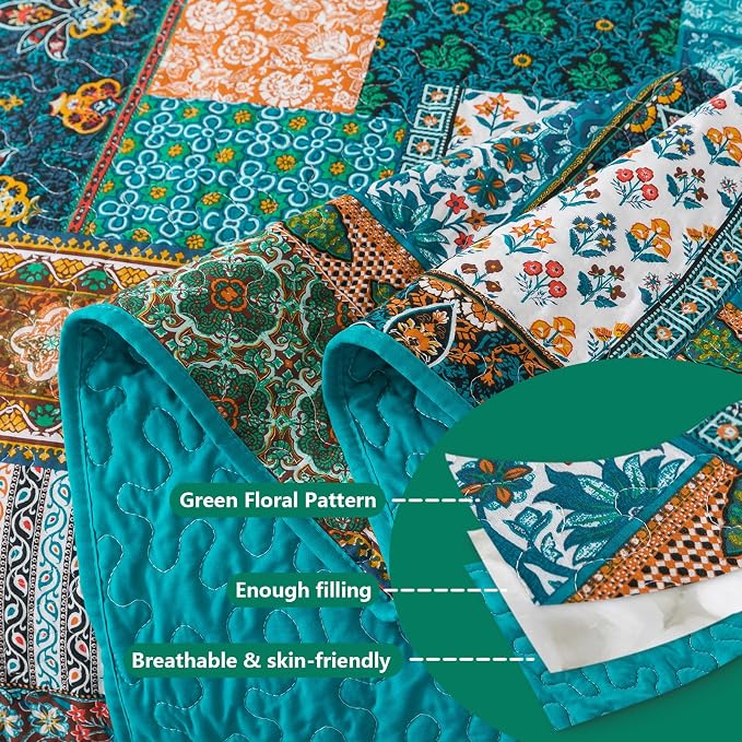 BEDIFANY Cotton King Size Quilt Set, Lightweight Bedspread King Coverlet, Soft Farmhouse Quilt Bedding Sets for Bed Decorations All Seasons (3 Pieces, Green)