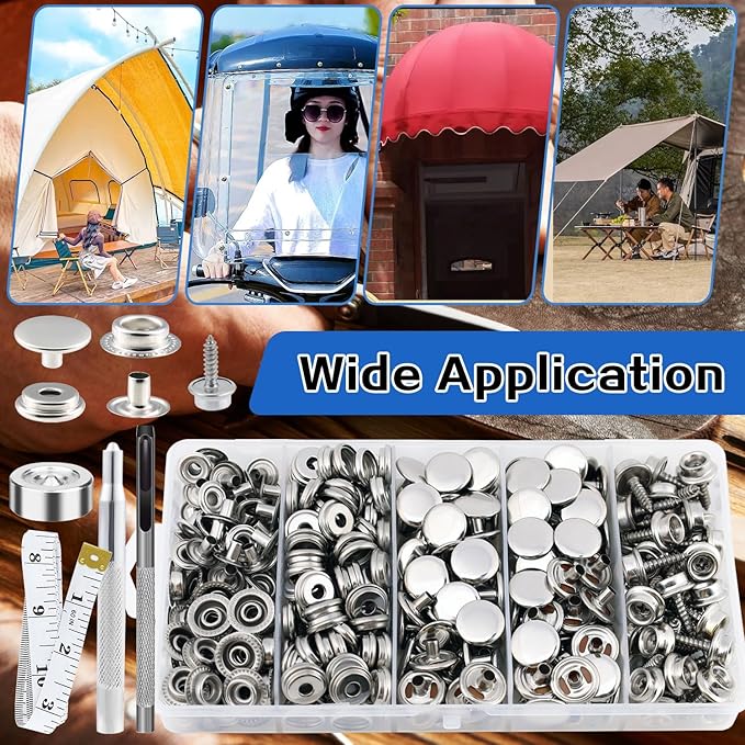 Canvas Snap Kit, Snaps Button, Heavy Duty Fastener Tool Set, 356 PCS Stainless Steel Buttons Kit,Boat Cover Snaps,Carpet Snap for DIY Repairing Boat Covers,Canvas,Sewing
