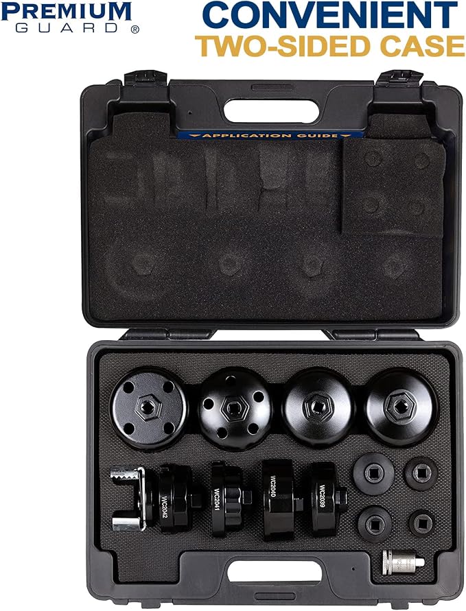 Premium Guard 14-Piece Cartridge Oil Filter Wrench Cap Set with Exclusive 25 Nm Preset Torque Bit for SAE and Metric – 3/8 inch Drive