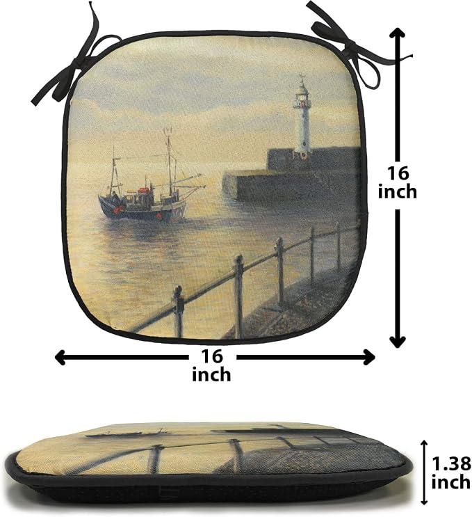 Lunarable Lighthouse Chair Cushion Pads Set of 2, Fishing Boat Leaving The Port in Mevagissey at Early Morning Sunrise View Landscape, Anti-Slip Seat Padding for Kitchen & Patio, 16"x16", Cream