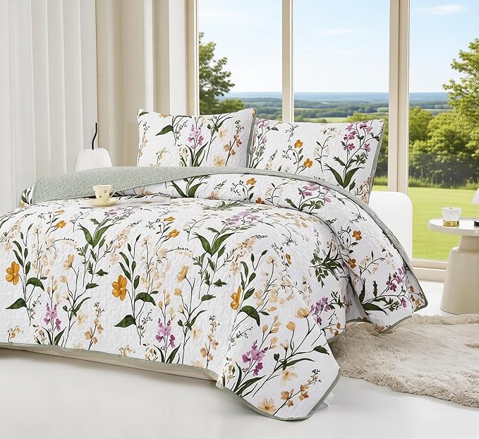 Boho Floral Quilt Set King Size, Lightweight Microfiber Bedspread Coverlet, Soft All Season Bedding with 2 Pillow Shams, Vintage Botanical Pattern (New-Orange Flowers, King) | Breathable