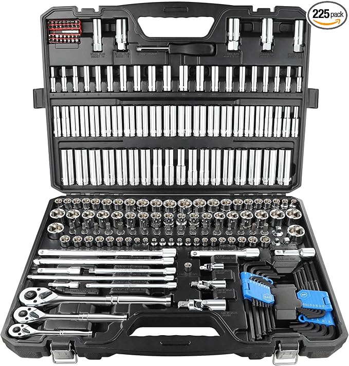 BOEN 225PCS Mechanic Tool Set, 1/4" & 3/8" & 1/2" Drive Socket Wrench Set, Metric and Standard Full Socket Set, with 90-Tooth Ratchet, Auto and Bike Repair with Heavy Duty Case