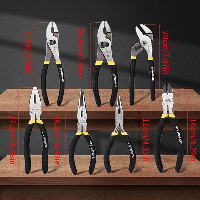 Vivicreate 7-Piece Pliers Set Heavy Duty Multipurpose Tools for Home Repair DIY Auto Electrical Work Includes Long Nose Slip Joint Linesman and Diagonal Pliers Alicates de Corte Herramientas