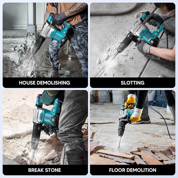 ENEACRO SDS-Max Demolition Jack Hammer, 11 Amp Electric | Lightweight, Aluminum Alloy Shell, Vibration Control, Includes Grease, Tool Bag & Chisels, For Concrete